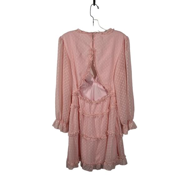 Pink Clip Dot Faux Wrap Mini Dress Size Small Ruffle Babydoll Open Back Dress - Picture 6 of 16